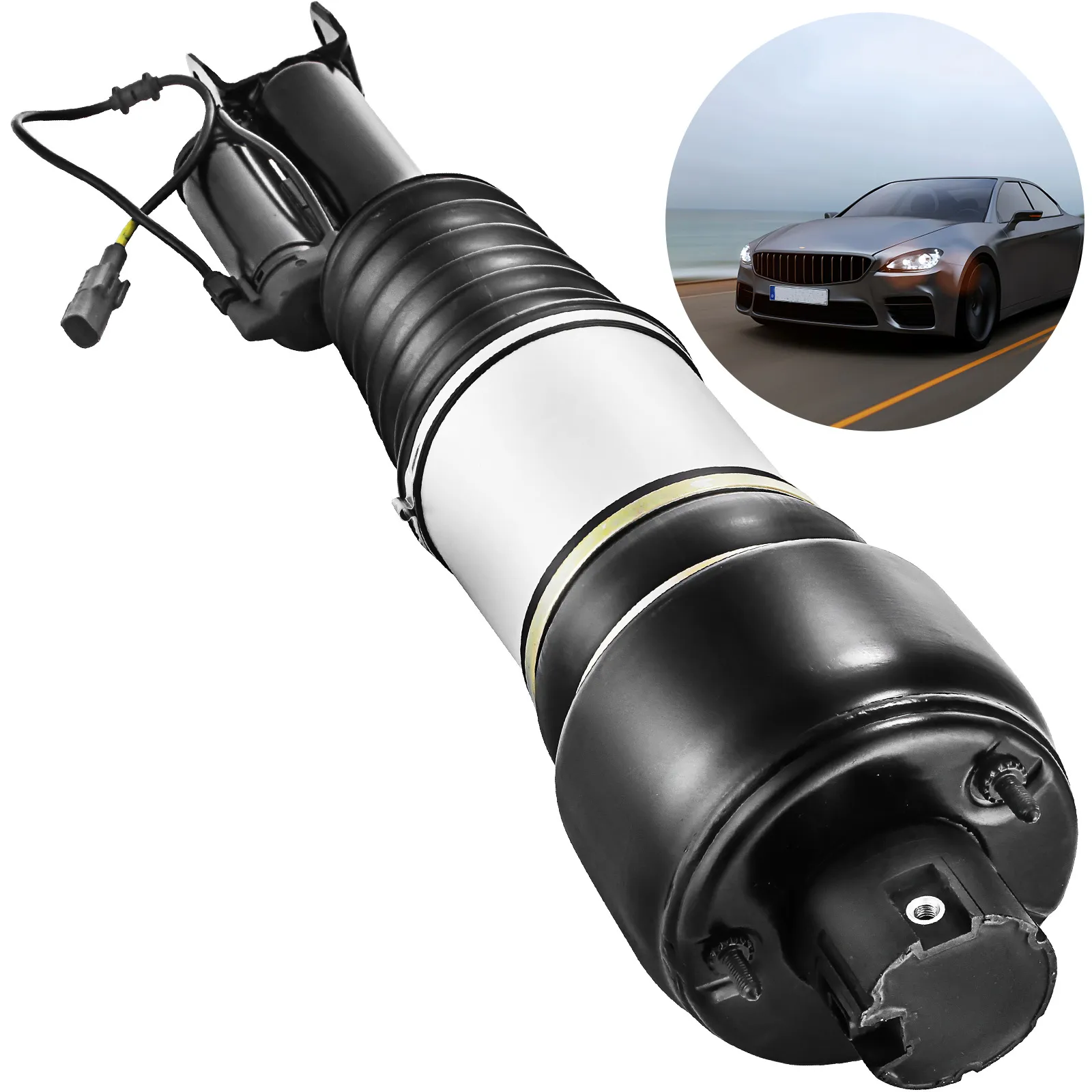 Suspensión neumática VEVOR Mercedes con coche de lujo al fondo en una carretera costera.