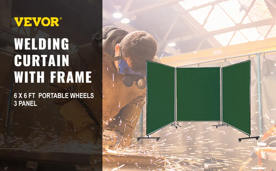 Cortina de soldadura VEVOR con marco, 6x6 pies, ruedas portátiles, 3 paneles