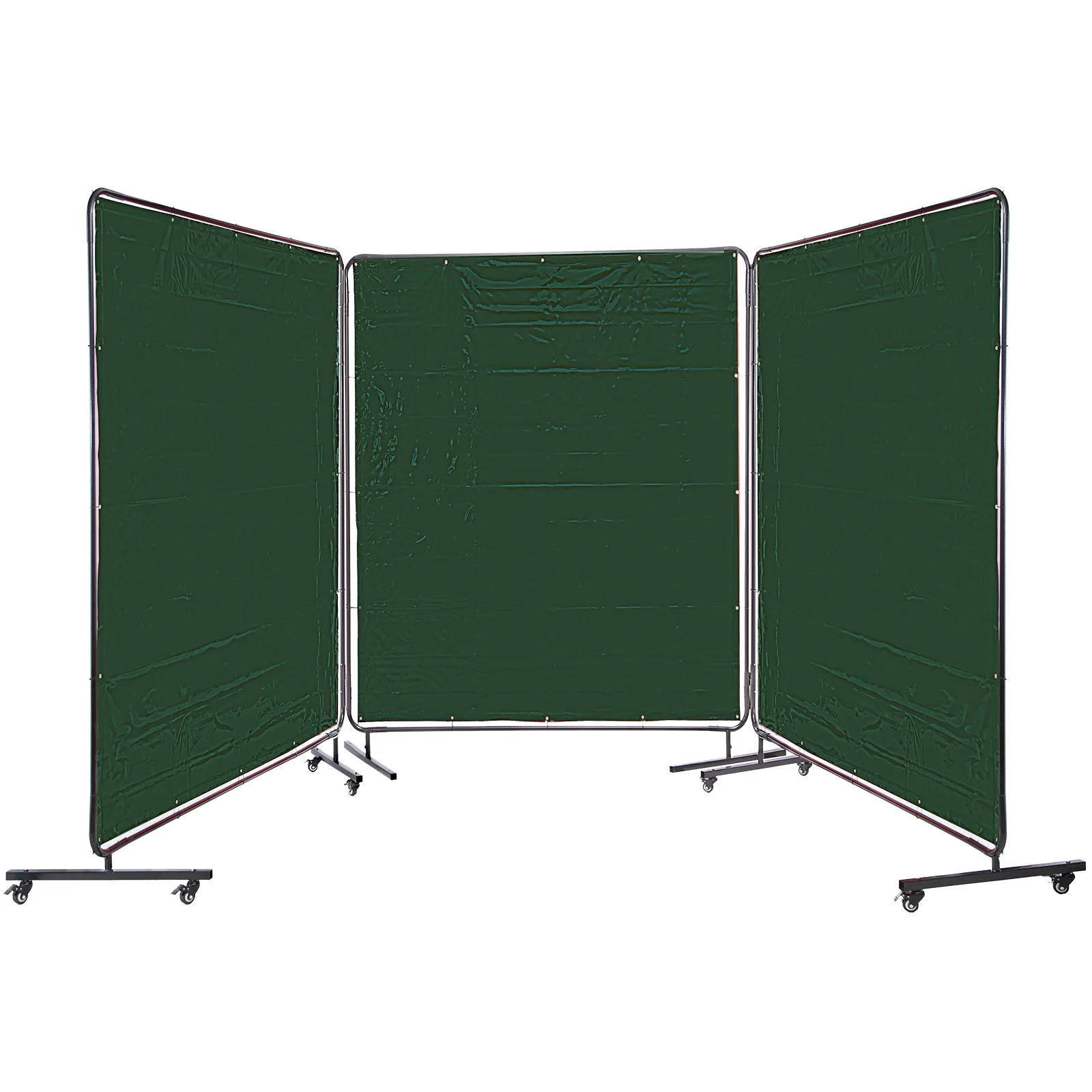 Cortina de soldadura VEVOR verde sobre bastidor móvil con tres paneles conectados.