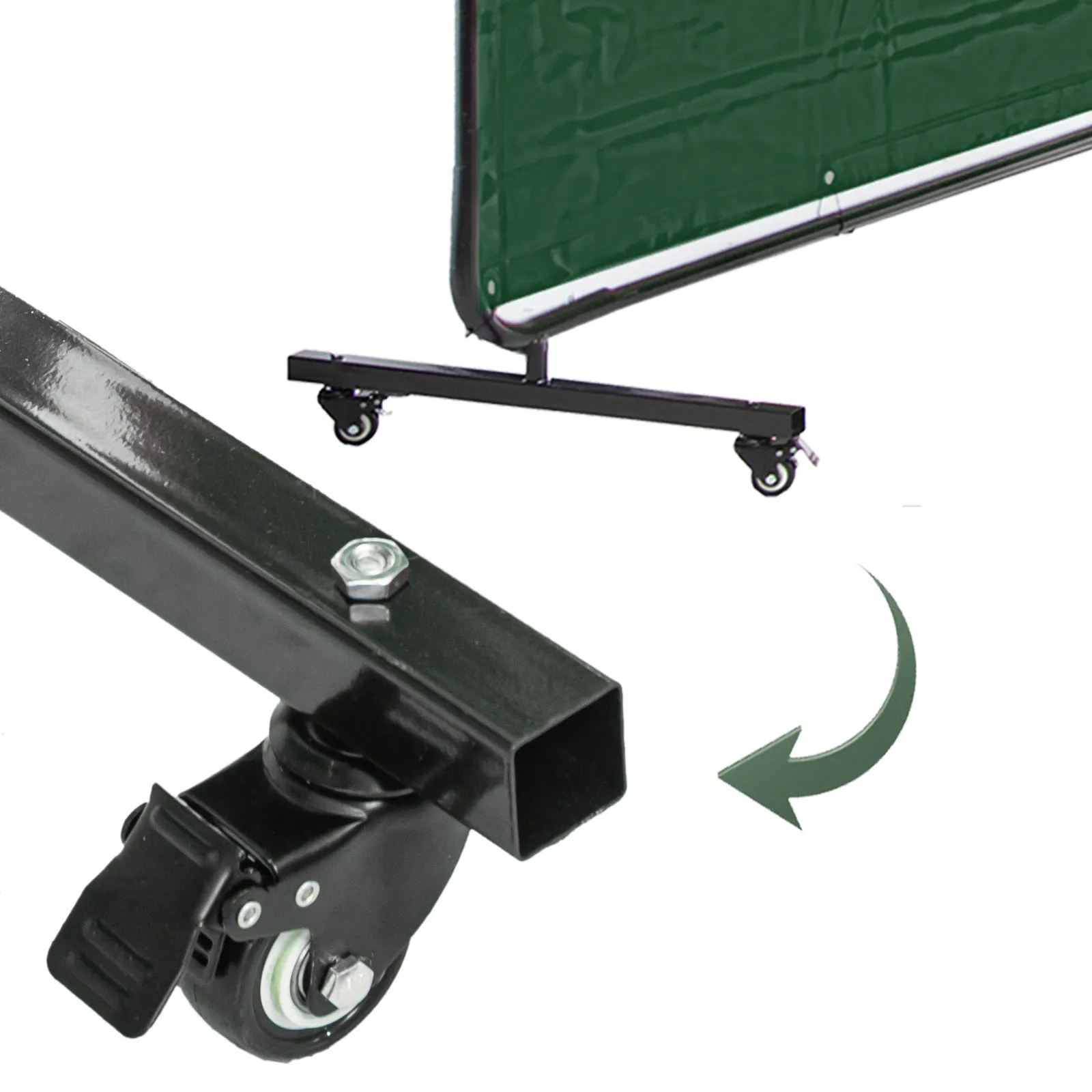 Cortina de soldadura VEVOR con tela verde y estructura de acero negro sobre ruedas bloqueables.