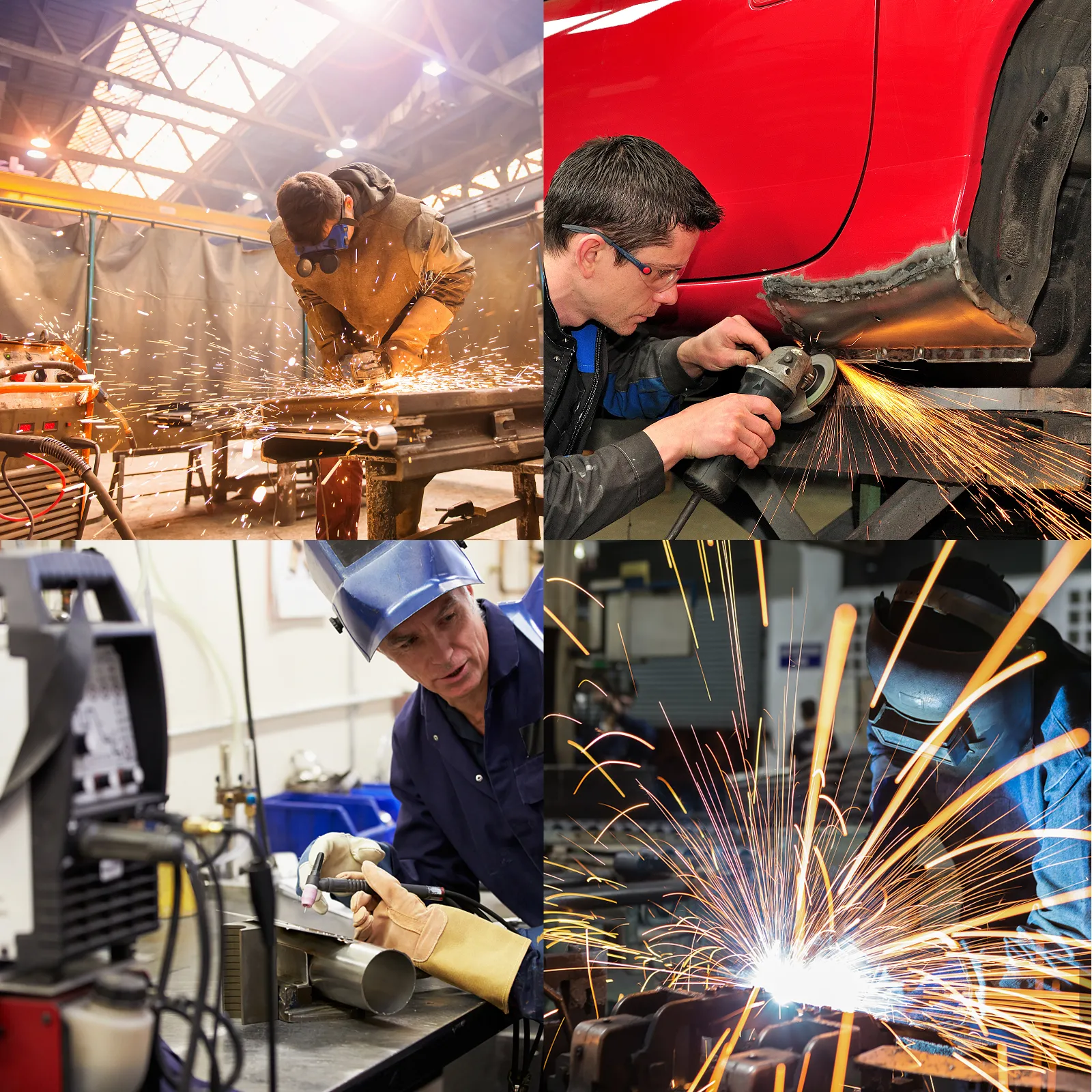 Diferentes tareas de soldadura con cortina de soldadura VEVOR, chispas y equipo de protección.