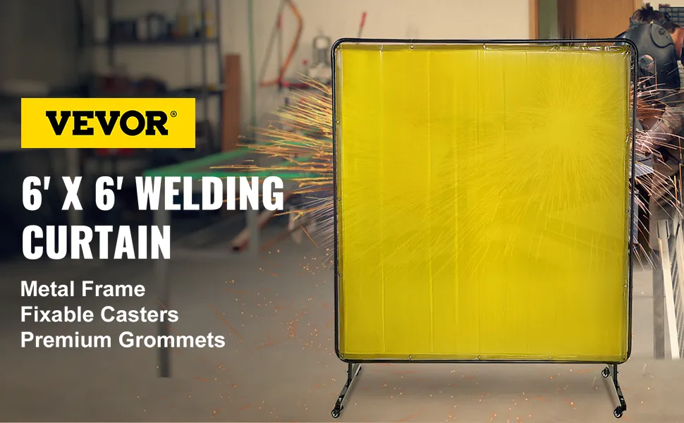 VEVOR welding screen: 6' x 6' yellow curtain, metal frame, casters, grommets, sparks background