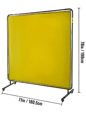 VEVOR welding screen, yellow, 78in x 71in, with a sturdy metal frame and wheels.