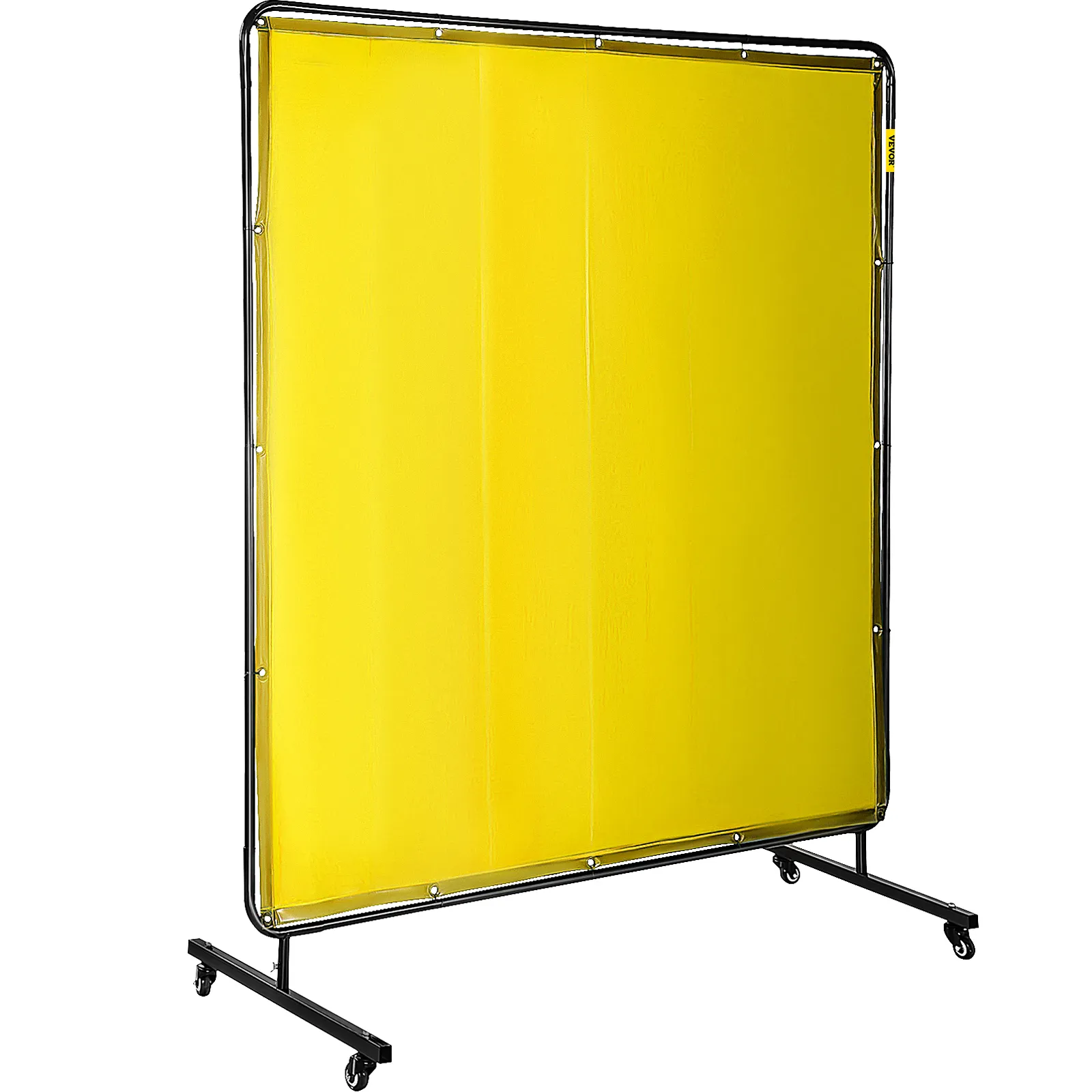 yellow VEVOR welding screen on black metal frame, standing on wheels.