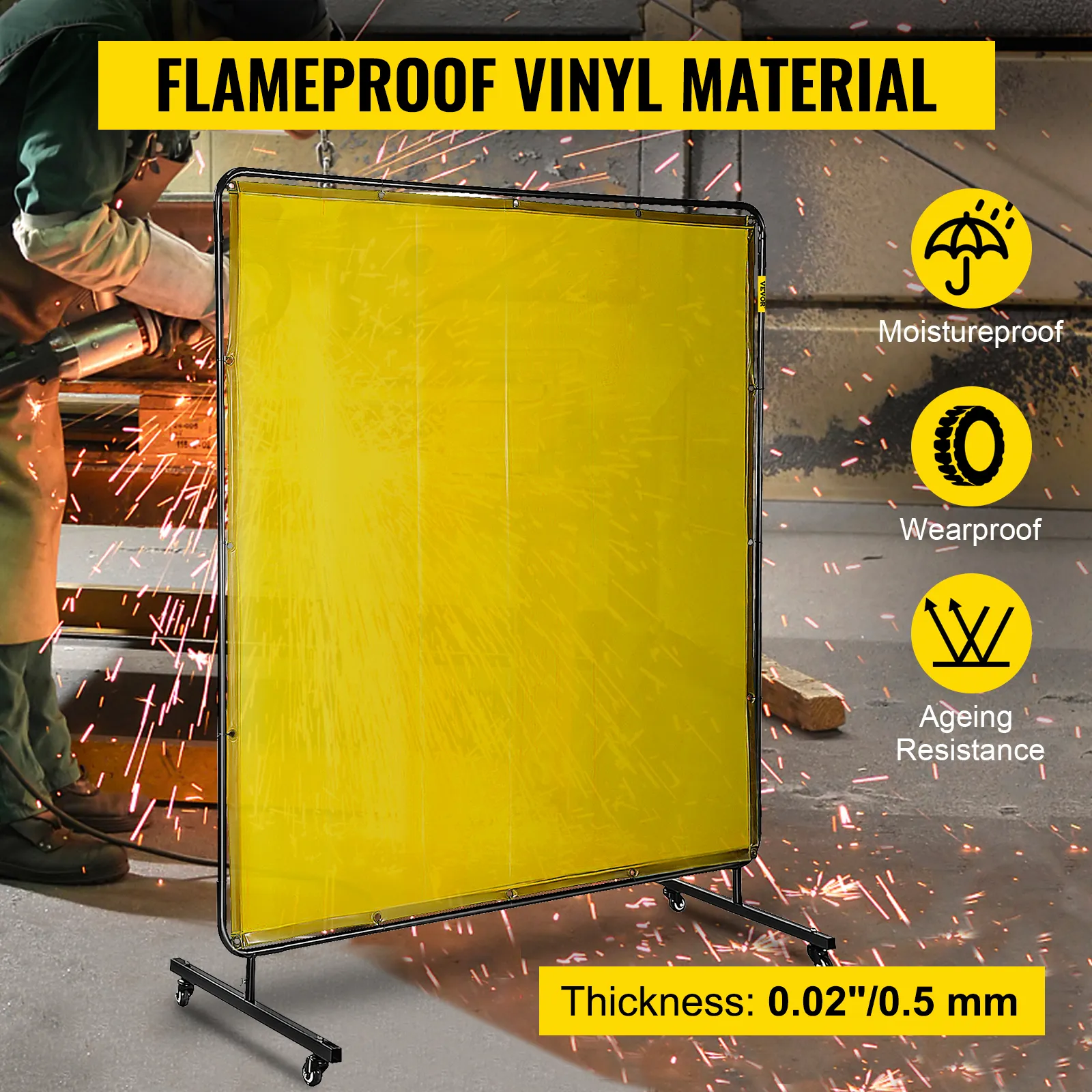 VEVOR welding screen flameproof vinyl material with moistureproof, wearproof, ageing resistance.