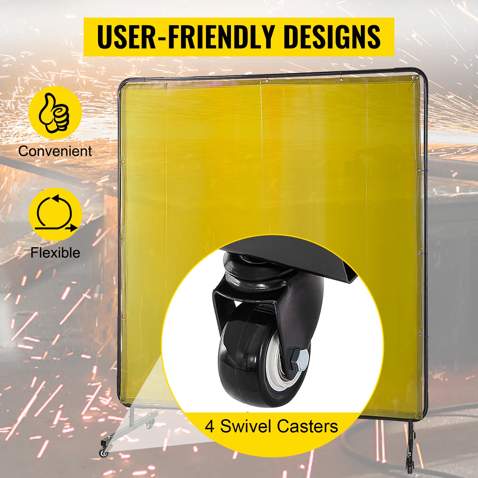 VEVOR welding screen with 4 swivel casters, yellow, user-friendly design, and flexible use.