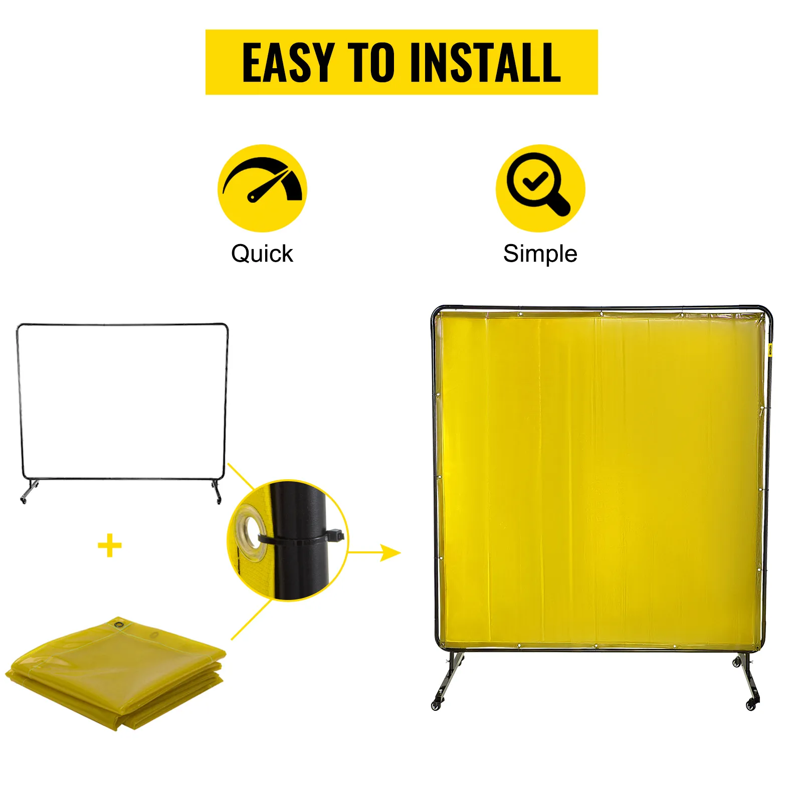 VEVOR welding screen: quick and simple installation process with bright yellow cover.