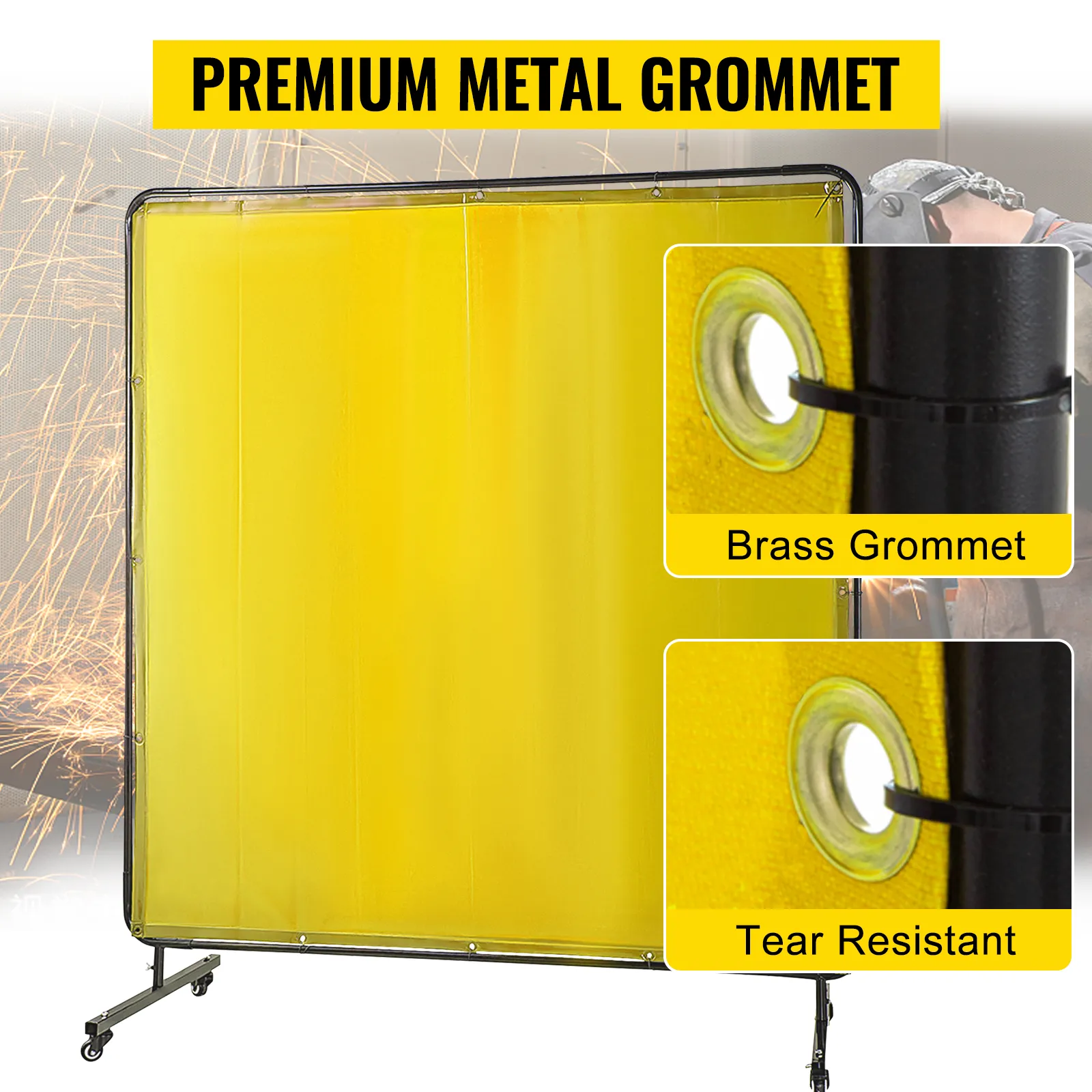 VEVOR welding screen featuring brass grommets, tear-resistant yellow material.