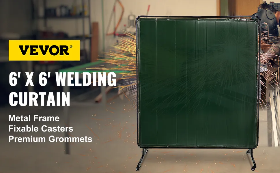 VEVOR welding screen in workshop with metal frame, casters, and premium grommets.