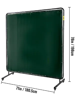 green VEVOR welding screen with measurements 76in h x 71in w on a metal frame with wheels.