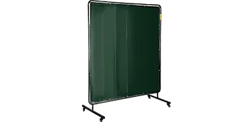 VEVOR welding screen with green panel on black metal frame, mounted on casters.