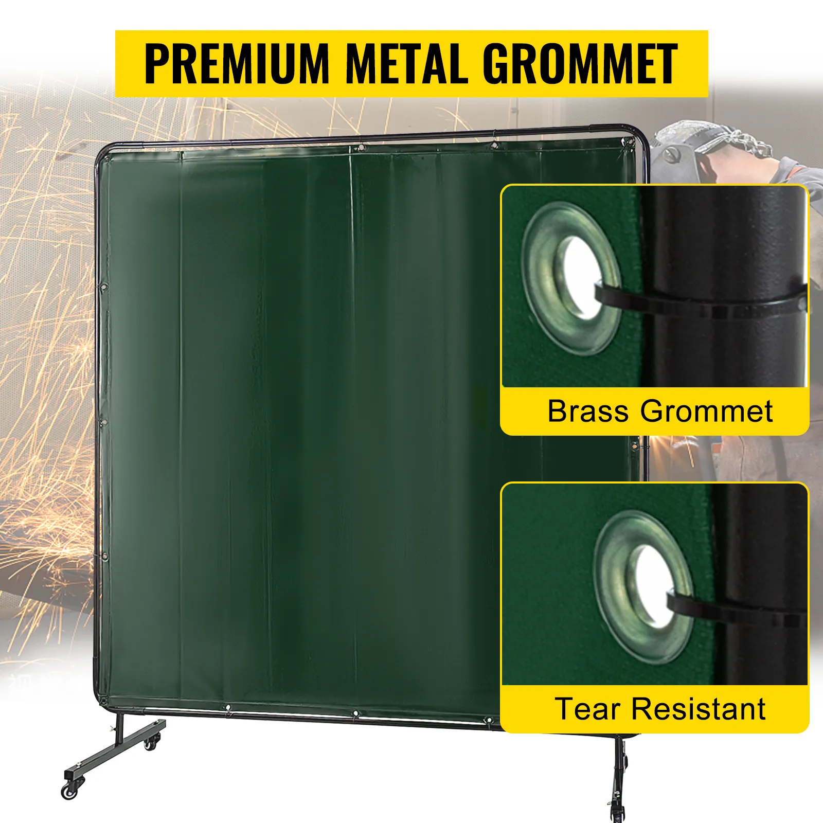 VEVOR welding screen with tear-resistant material and premium brass grommets.