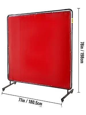red VEVOR welding screen, 78in x 71in, freestanding with steel frame and caster wheels.