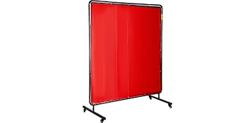 red VEVOR welding screen on wheels with black frame.
