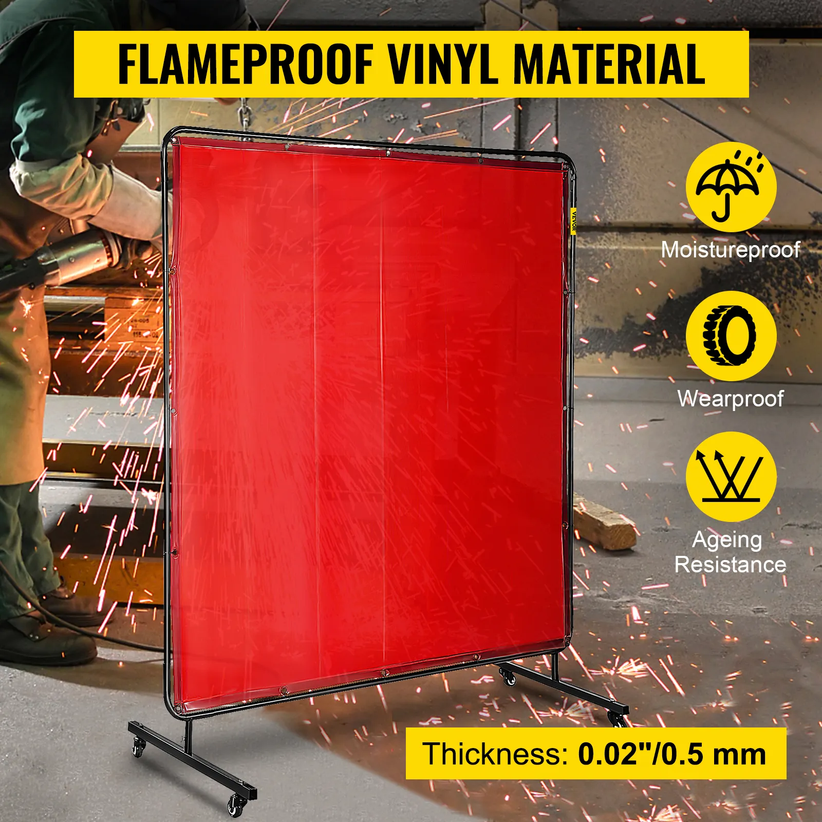 VEVOR welding screen in red flameproof vinyl, showcasing moistureproof, wearproof, and aging resistance.