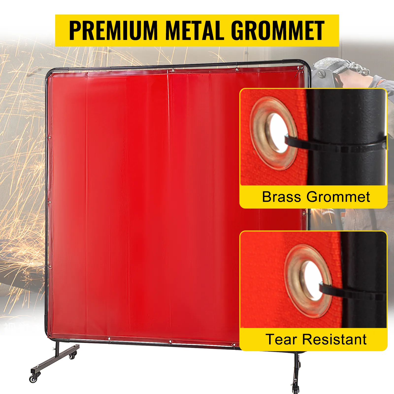 VEVOR welding screen with brass grommet and tear-resistant material in red.