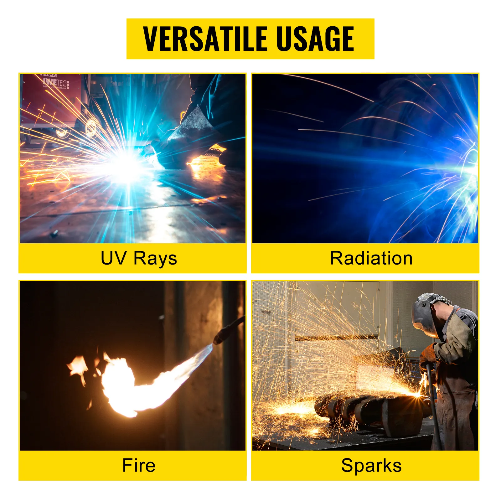 VEVOR welding screen showcasing protection from uv rays, radiation, fire, and sparks.