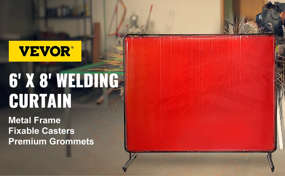 VEVOR welding screen, 6'x8', bright red, metal frame, fixable casters, premium grommets.