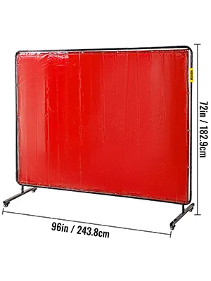red VEVOR welding screen, 96in x 72in, with metal frame and wheels.