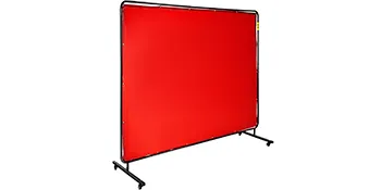 red VEVOR welding screen with black frame and rolling stands.