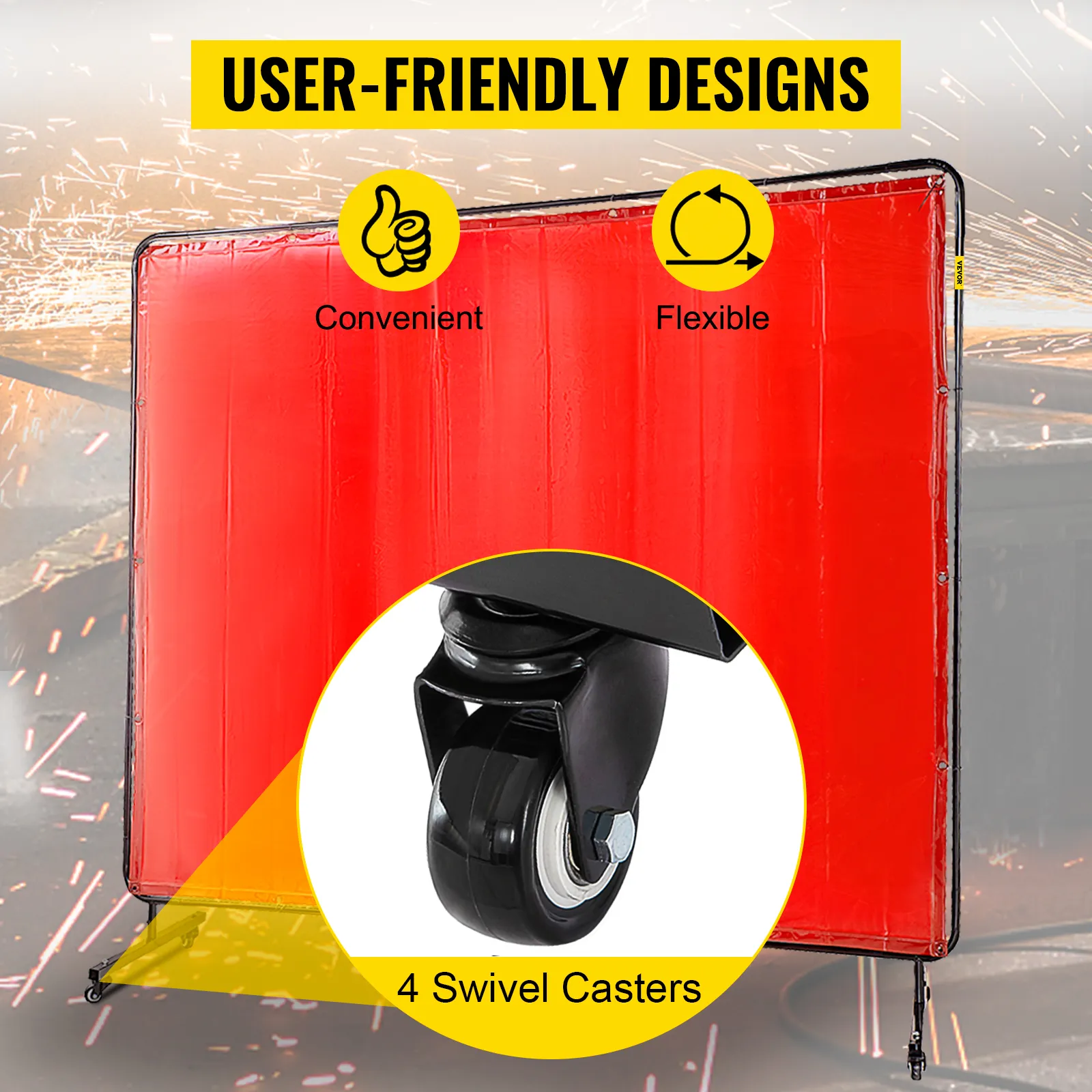 VEVOR welding screen, red with 4 swivel casters, convenient and flexible design