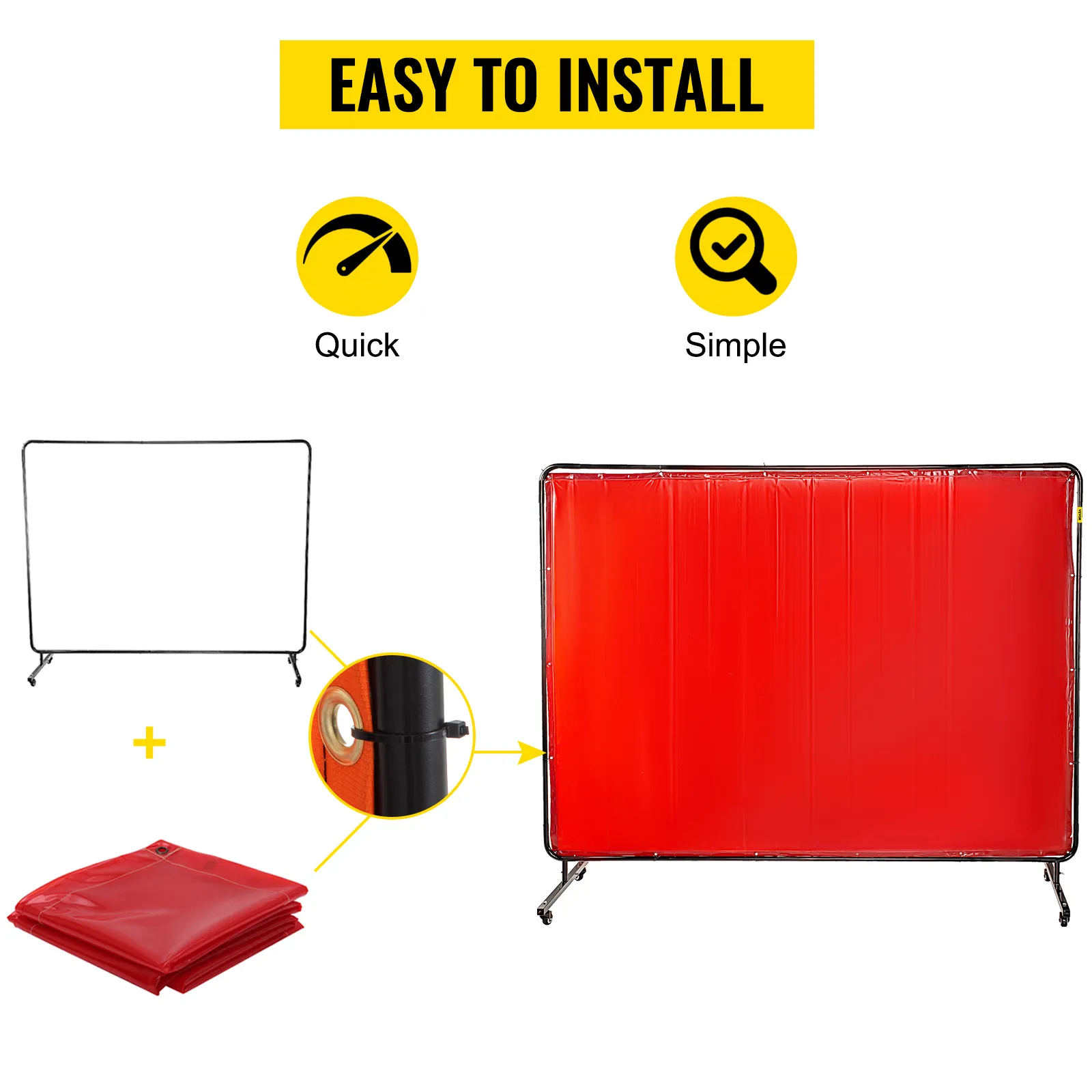 VEVOR welding screen setup guide with frame, red screen, and "easy to install" text.