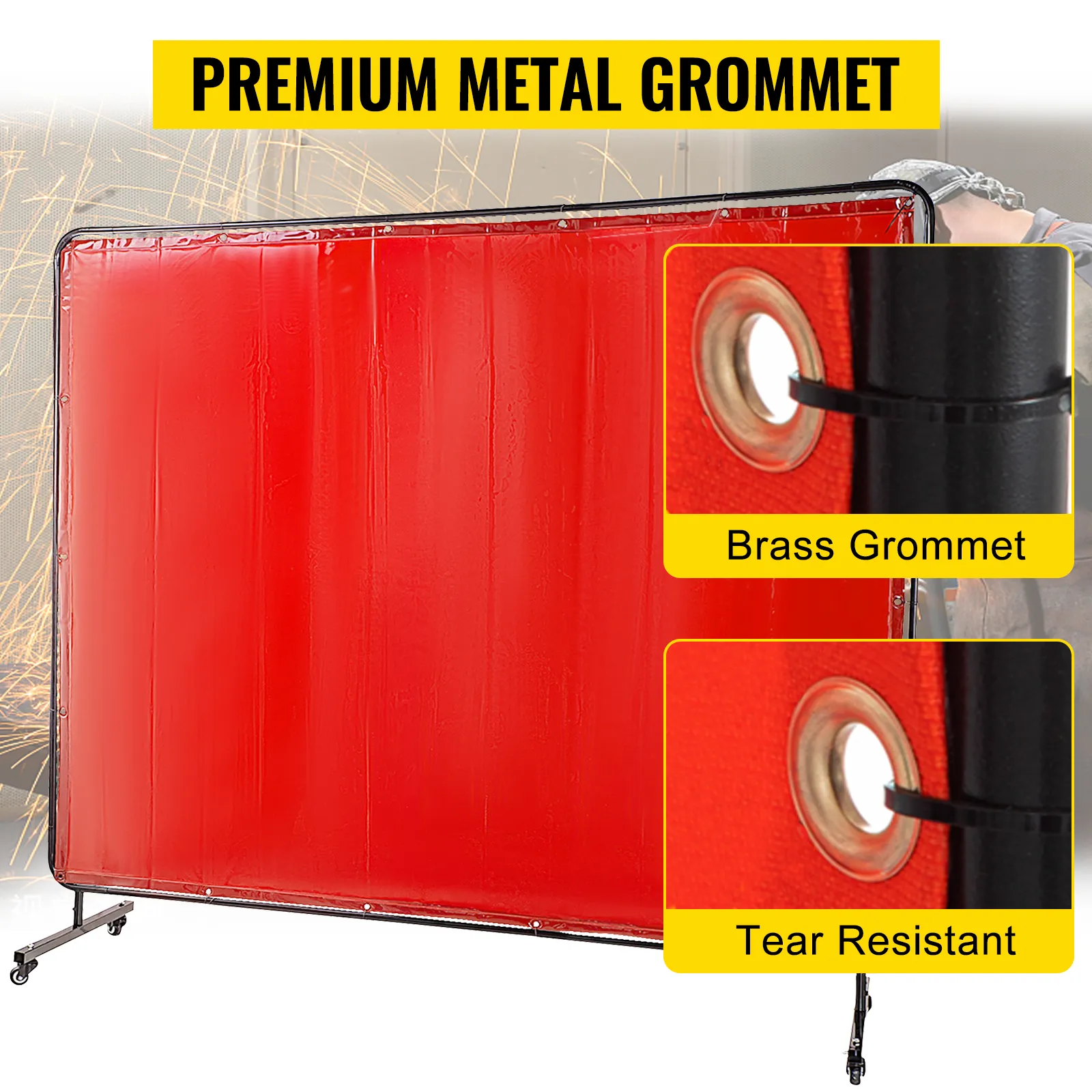 red VEVOR welding screen with brass grommet and tear-resistant material.