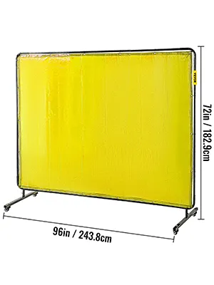 yellow VEVOR welding screen, 96in by 72in with metal frame and adjustable height.