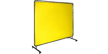 yellow VEVOR welding screen on a sturdy black frame with t-shaped feet.