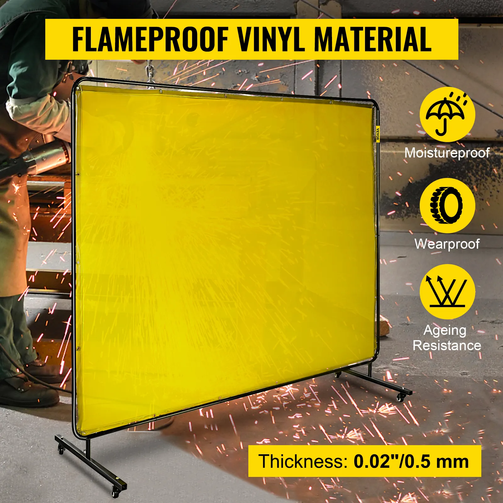 VEVOR welding screen: flameproof vinyl, moistureproof, wearproof, ageing resistance.