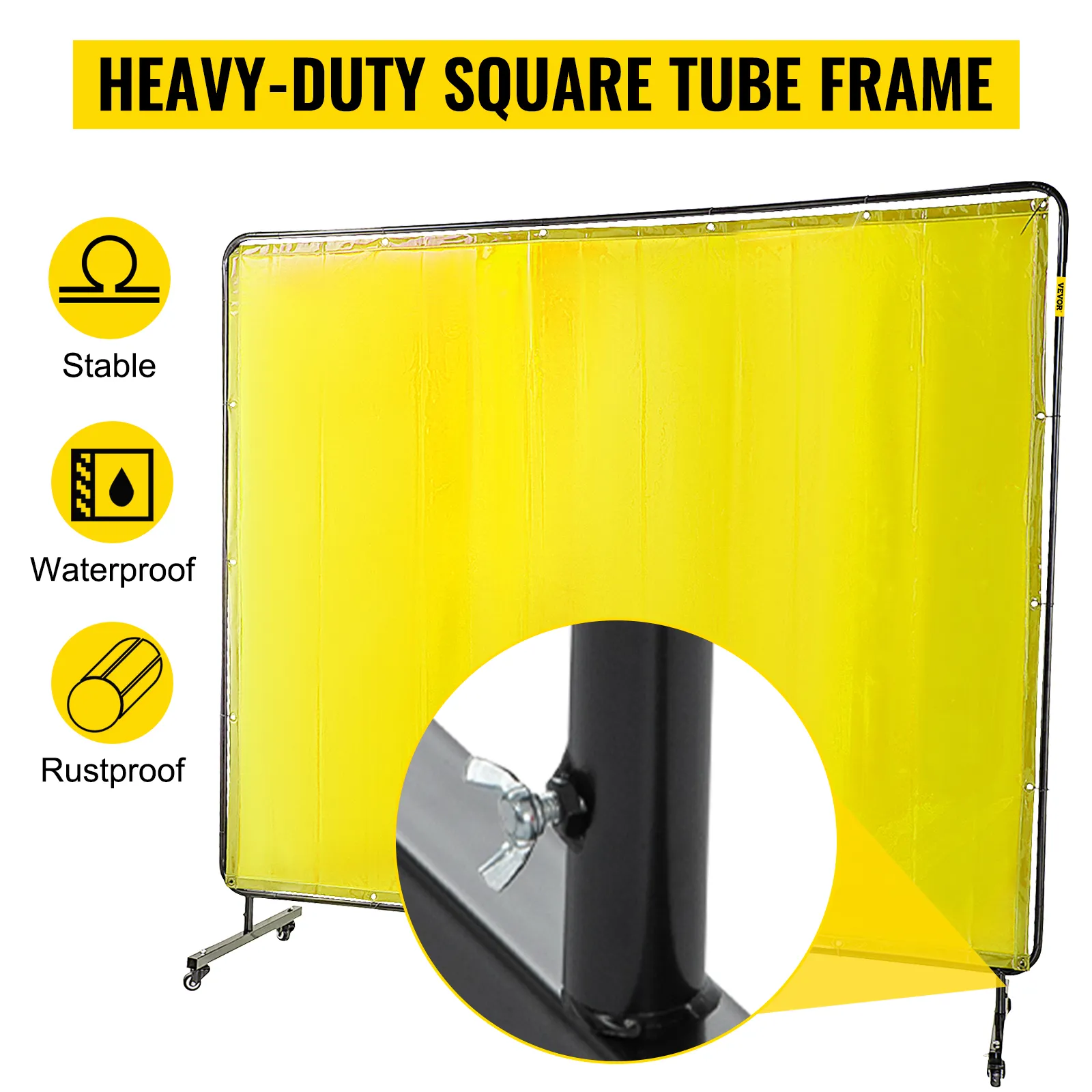 yellow VEVOR welding screen with a heavy-duty square tube frame on wheels.