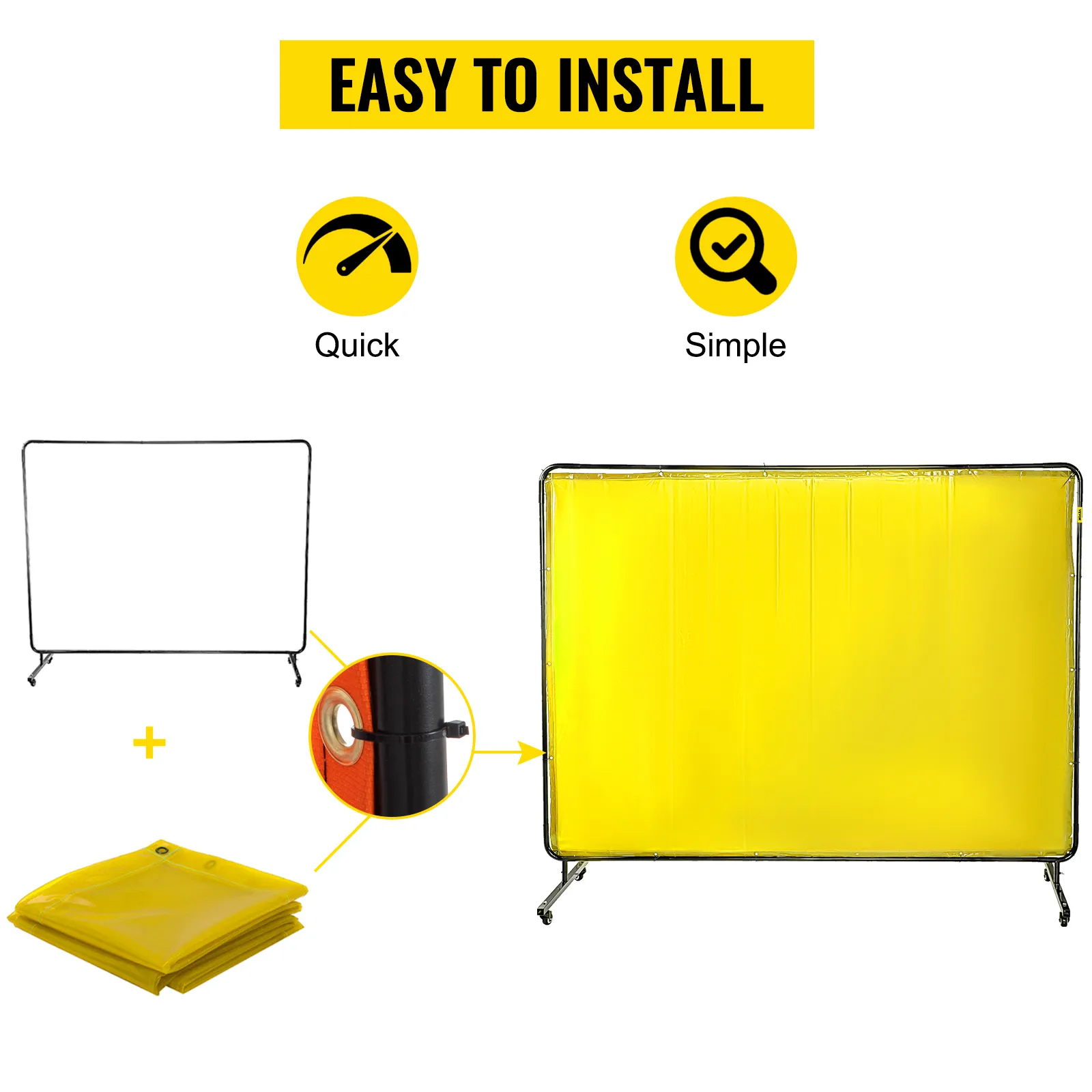 VEVOR welding screen: quick and simple to install, with yellow screen and metal frame.