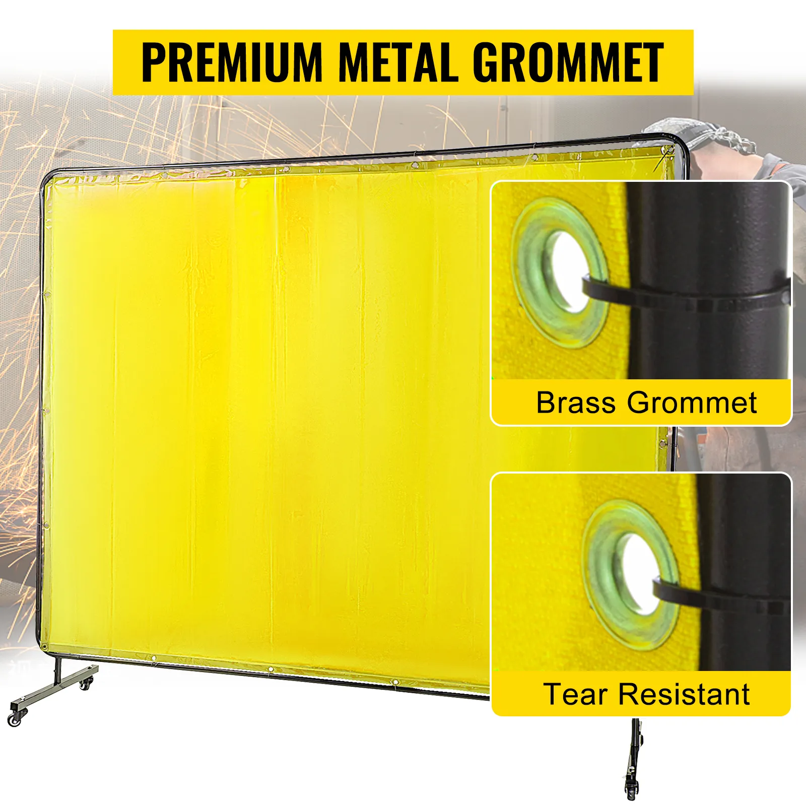 VEVOR welding screen with brass grommets and tear-resistant yellow fabric.
