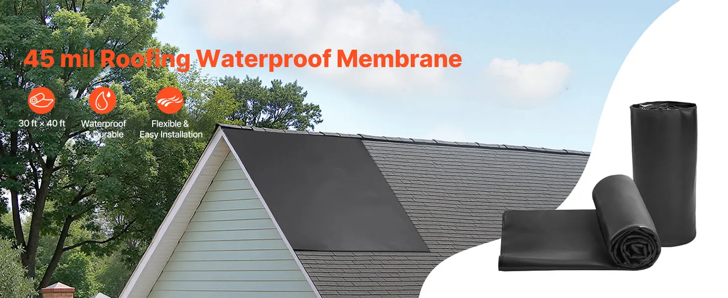 VEVOR Roll Roofing, 20 x 20 ft, 45 mil EPDM Rubber Roofing, Long Lifespan & Weather-resistant, Withstands Harsh Temperatures, Flexible & Easy Installation, Roof Underlayment for RVs, Roofs, Ponds
