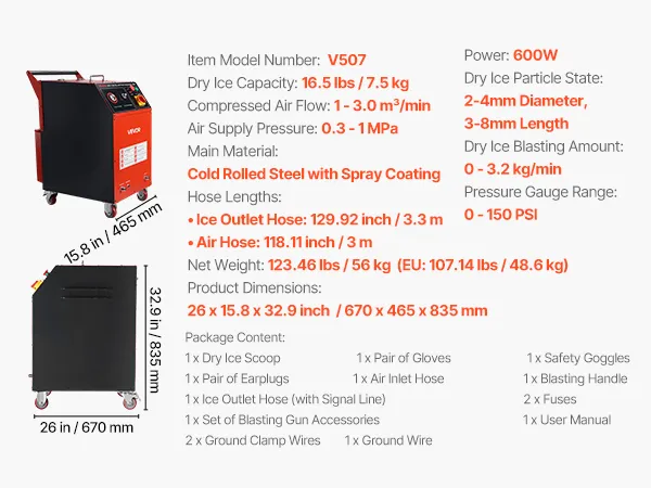 VEVOR Dry Ice Blasting Machine, 16.5LBS (7.5KG) Capacity Dry Ice Cleaning Machine with 4 Nozzles, Adjustable Pressure & Dry Ice Amount, Movable Blaster Cleaner for Auto Ship Aviation Chemical, 120V