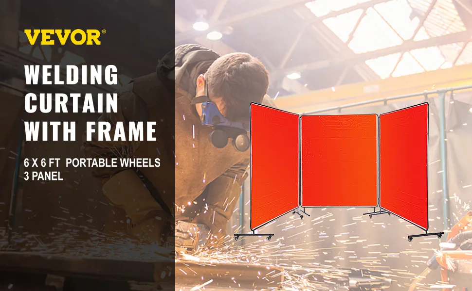VEVOR welding screen, 6x6 ft, 3-panel with frame and portable wheels in workshop.