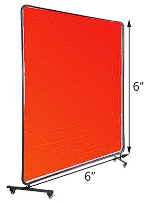 red VEVOR welding screen with flexible frame, standing on wheeled base, 6' x 6'.