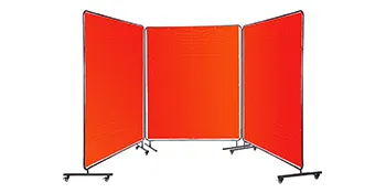 VEVOR welding screen: bright red, three-panel, adjustable, on wheels.