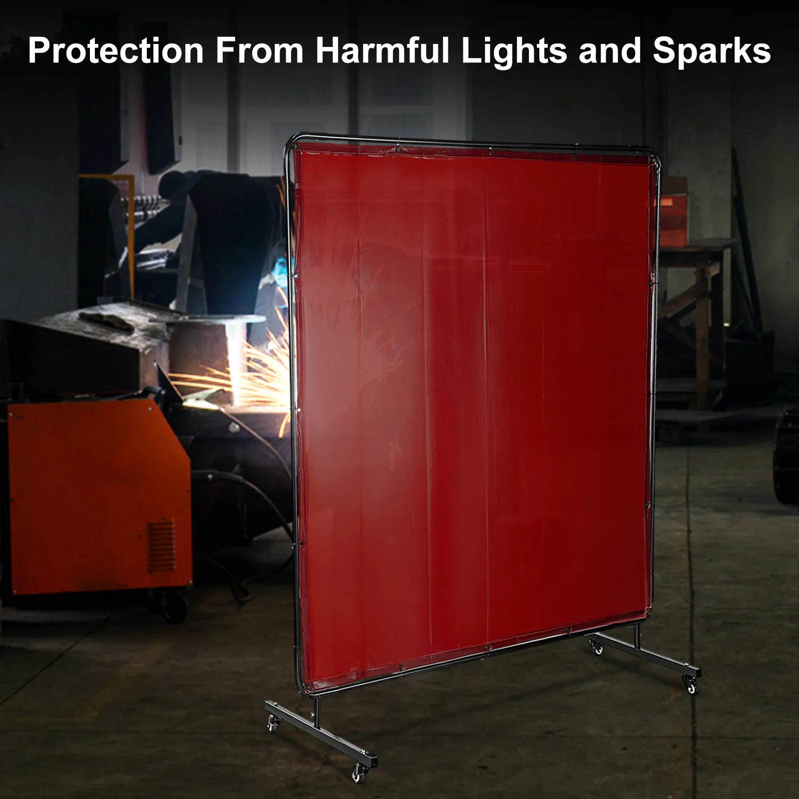 VEVOR welding screen protecting from sparks and harmful light in an industrial workshop.