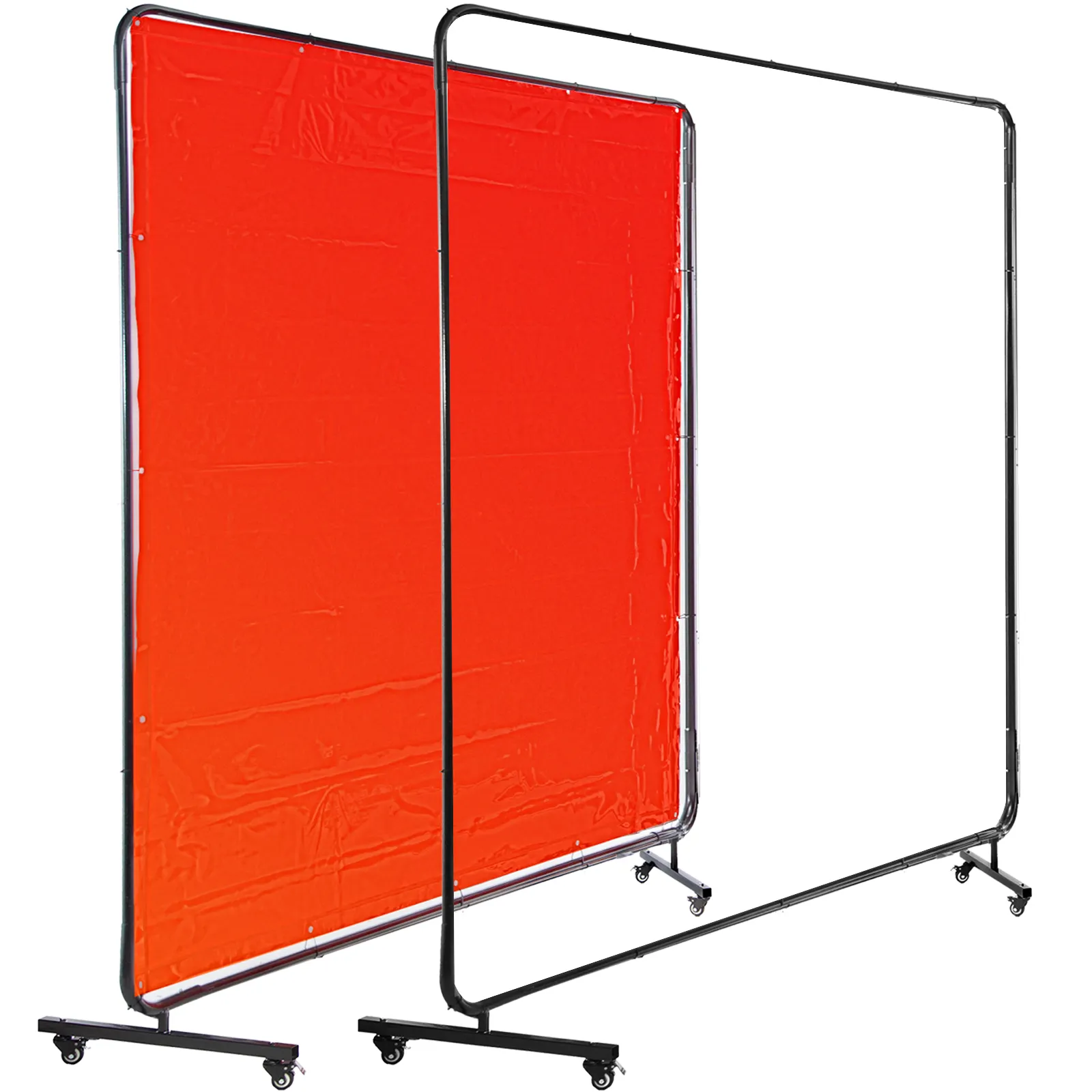 VEVOR welding screen with red curtain on black metal frame and caster wheels.