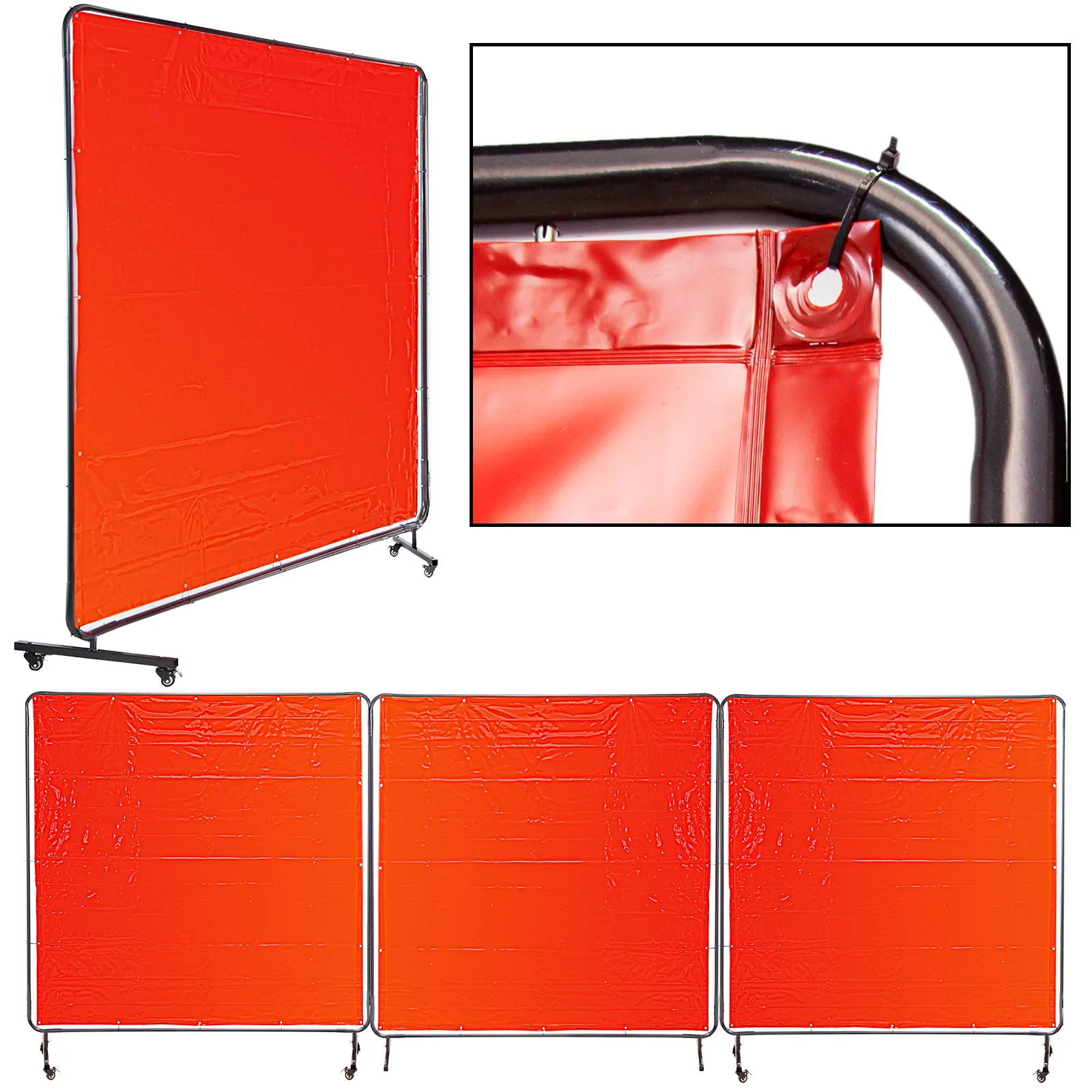 VEVOR welding screen, red with metal frame and wheels, close-up of corner detail.