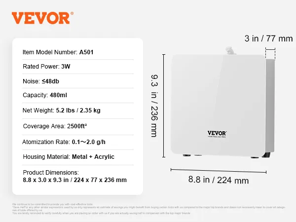 Diffusore di fragranze VEVOR A501, copertura di 234 m², capacità di 480 ml, dimensioni: 22,5x7,6x23,5 cm.