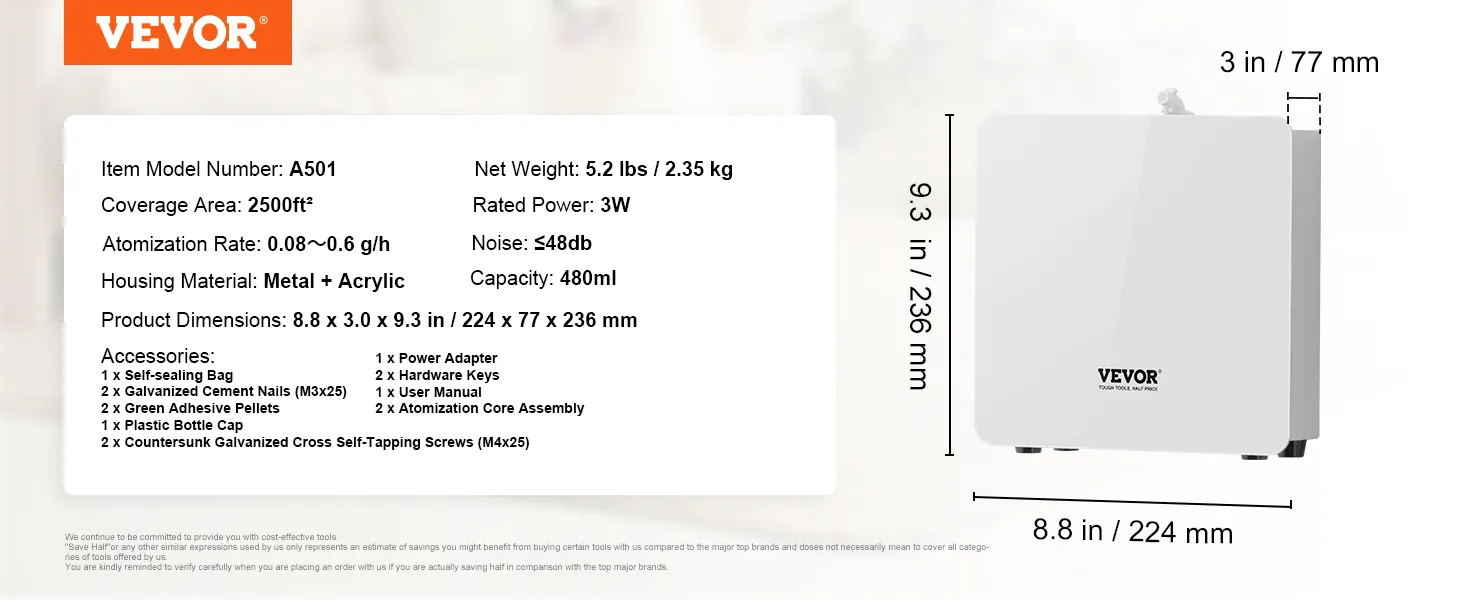 Diffusore di fragranze VEVOR A501, copertura di 234 m², capacità di 480 ml, dimensioni: 22,5x7,6x23,5 cm.