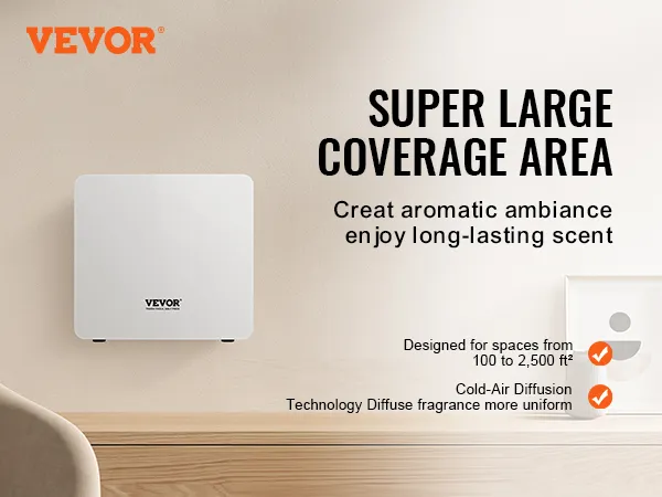 Diffusore di fragranze VEVOR installato a parete in una stanza accogliente con sedia, pianta e finestra. Area di copertura molto ampia.