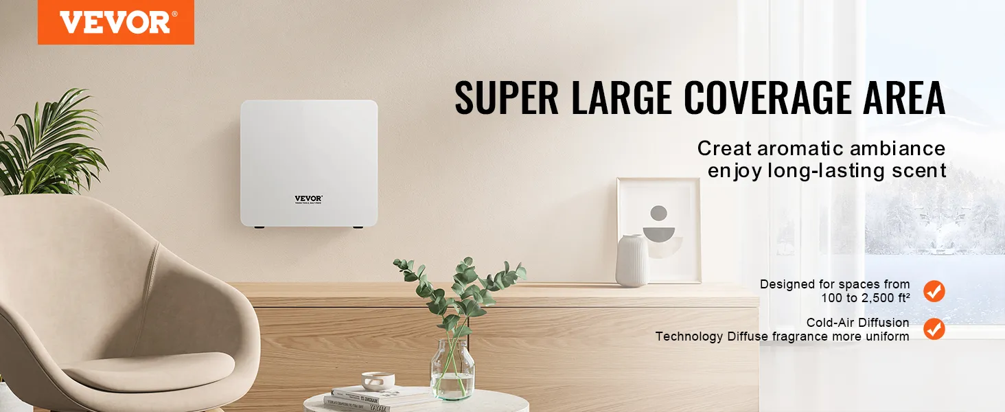 Diffusore di fragranze VEVOR installato a parete in una stanza accogliente con sedia, pianta e finestra. Area di copertura molto ampia.