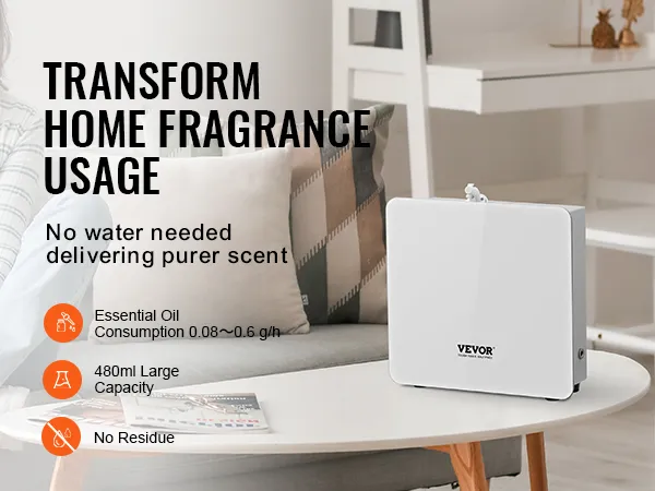 Diffusore di fragranze VEVOR per soggiorno moderno, diffonde profumo puro senza acqua, grande capacità 480 ml.