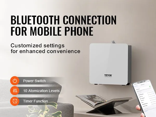 Diffusore di fragranze VEVOR con connessione Bluetooth, impostazioni personalizzabili e controllo tramite cellulare.