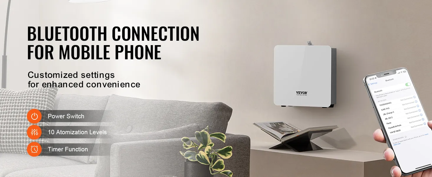 Diffusore di fragranze VEVOR con connessione Bluetooth, impostazioni personalizzabili e controllo tramite cellulare.