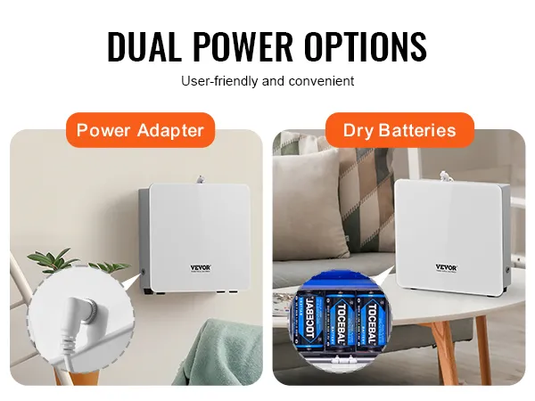 Diffusore di fragranze VEVOR con doppia alimentazione: adattatore di corrente o batterie a secco. Pratico e facile da usare.