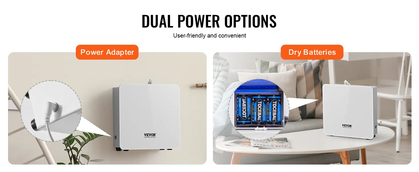 Diffusore di fragranze VEVOR con doppia alimentazione: adattatore di corrente o batterie a secco. Pratico e facile da usare.